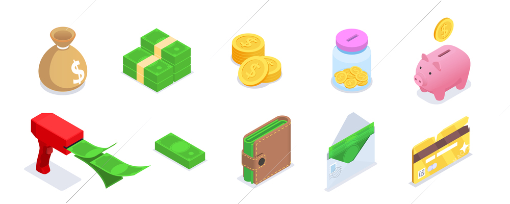 Isometric colored financial education literacy icon set coins money bag purse, money envelope piggy bank gold card money gun vector illustration