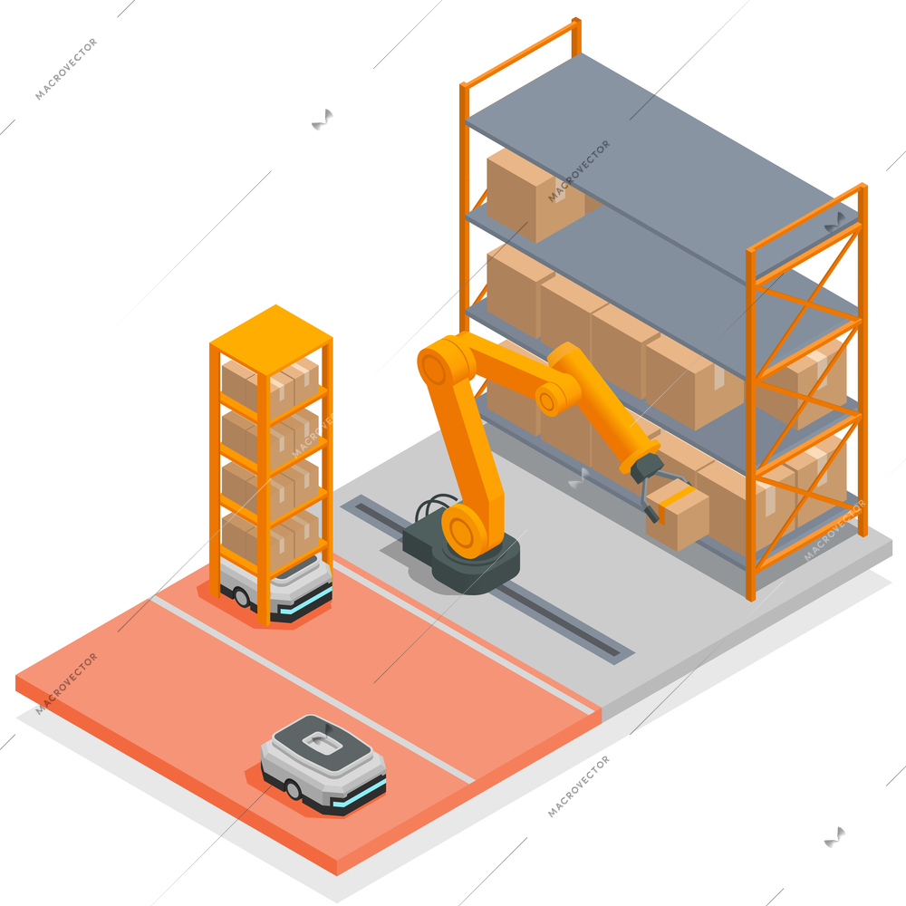 Modern warehouse isometric concept robotic arm sorts and arranges boxes from the production belt to the shelf vector illustration