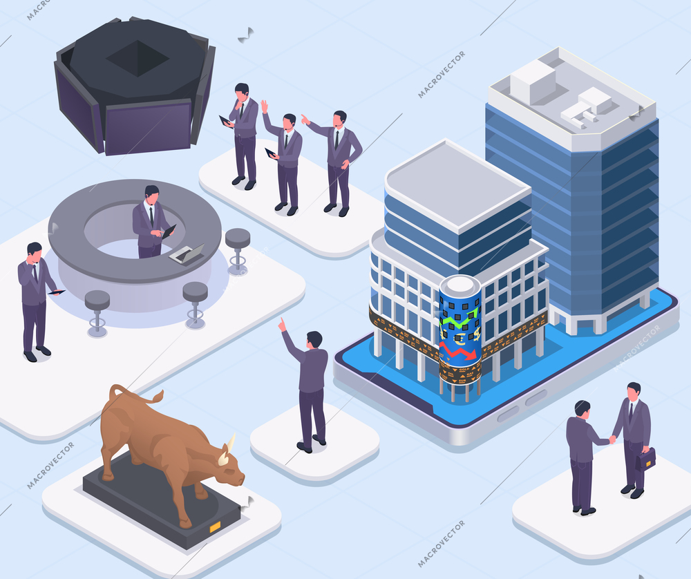 Stock exchange financial market trading isometric composition  business partners the bull figure the stock exchange building and employees vector illustration