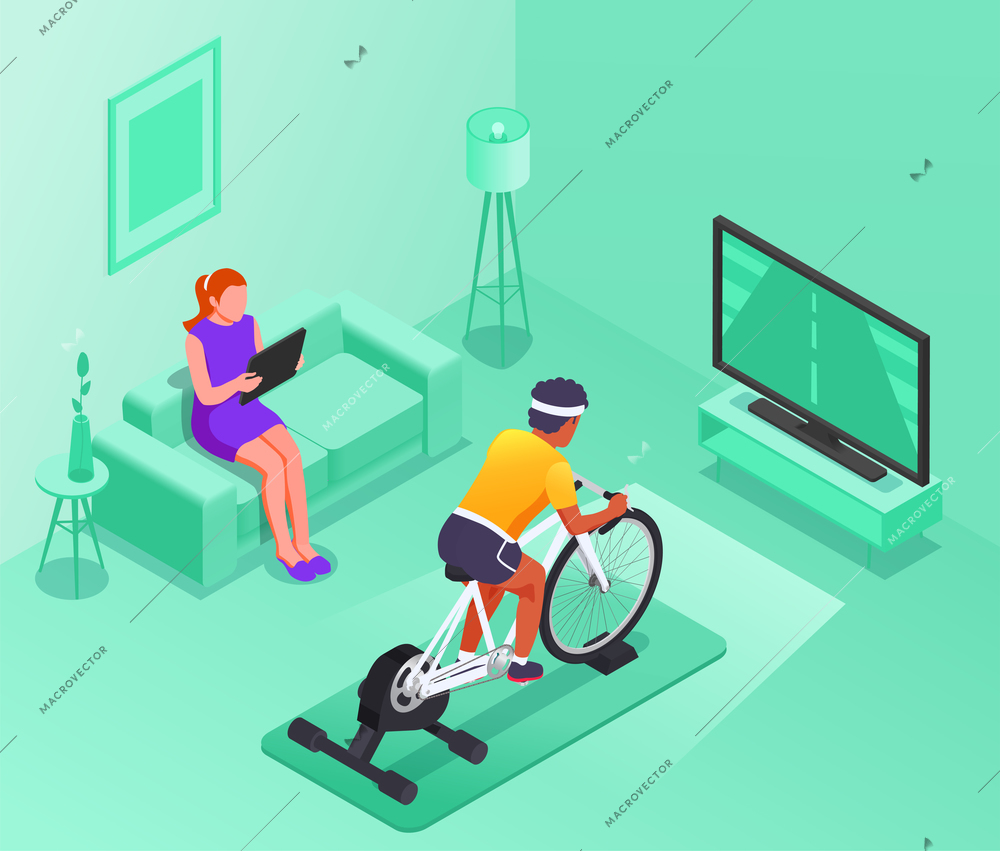 Online fitness workout yoga at home colored isometric composition man sits in the living room on exercise bike and watches the track on tv vector illustration