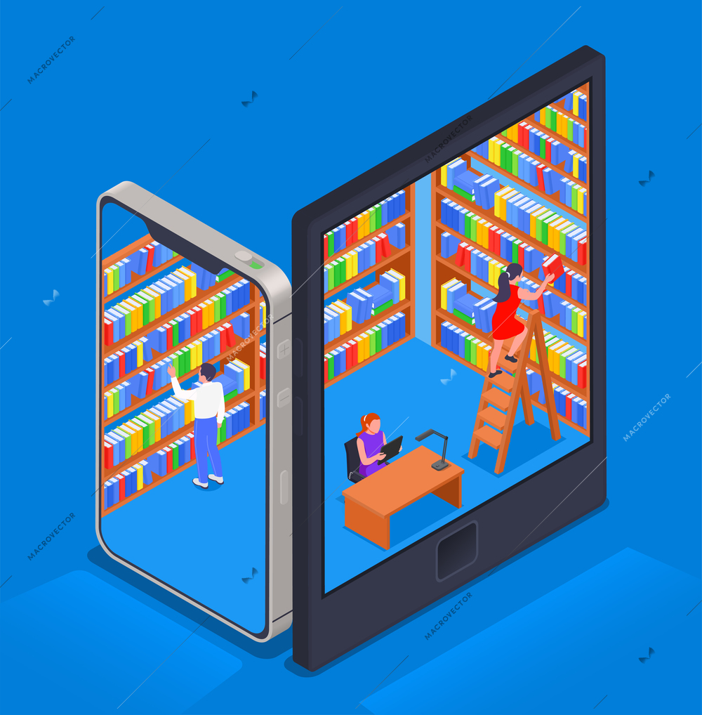 Digital online library isometric colored composition abstract library with bookshelves and visitors vector illustration
