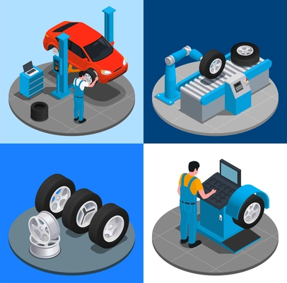 Four tire production service isometric icon set installation of tires in repair shop production at factory, different types of tires equipment adjustment by mechanical engineer vector illustration