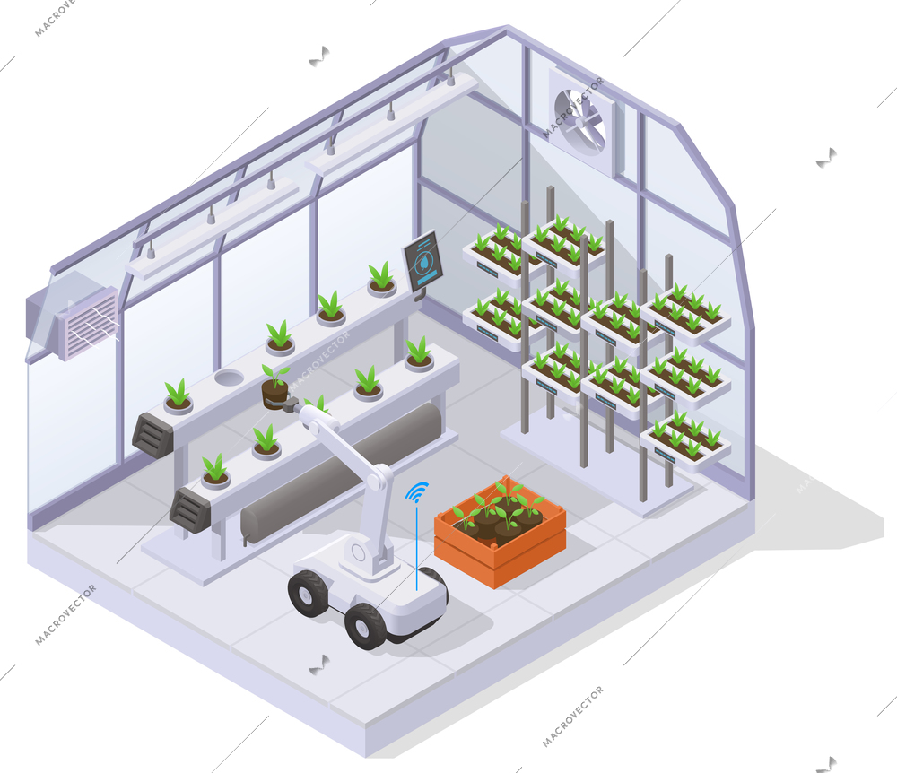 Modern greenhouse isometric composition inside mini greenhouse building climate control equipment and robots are in operation vector illustration