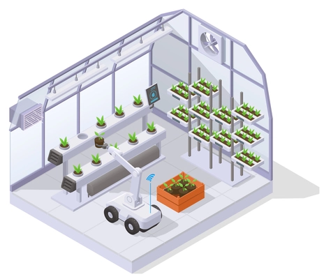 Modern greenhouse isometric composition inside mini greenhouse building climate control equipment and robots are in operation vector illustration