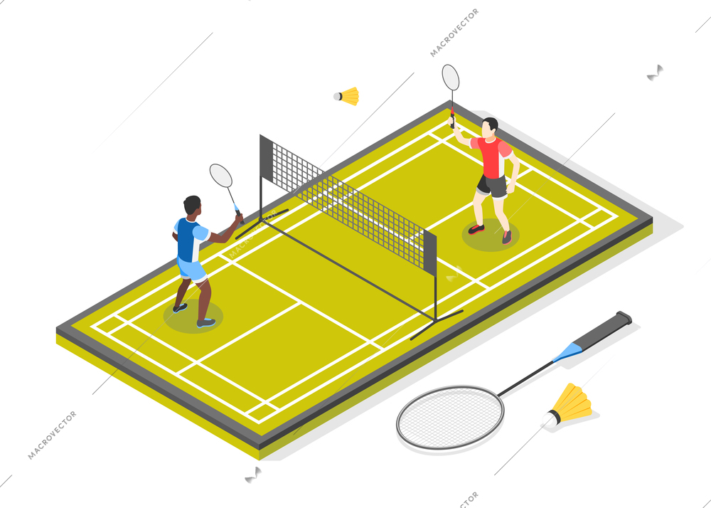 International olympic day isometric composition with view of tennis playground with net and pair of players vector illustration