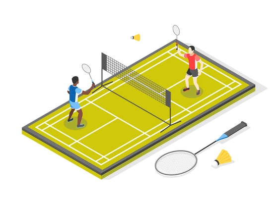 International olympic day isometric composition with view of tennis playground with net and pair of players vector illustration