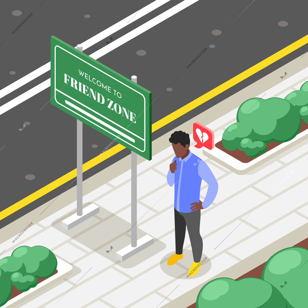 Friendzone isometric background with outdoor scenery and man with broken heart standing on pavement with signboard vector illustration