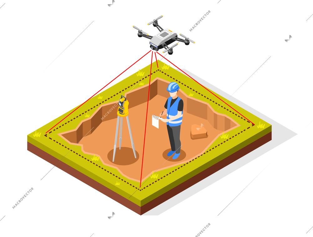 Geodesy isometric composition with view of flying quadcopter with laser lines and human character of engineer vector illustration