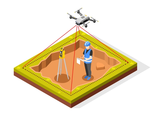 Geodesy isometric composition with view of flying quadcopter with laser lines and human character of engineer vector illustration