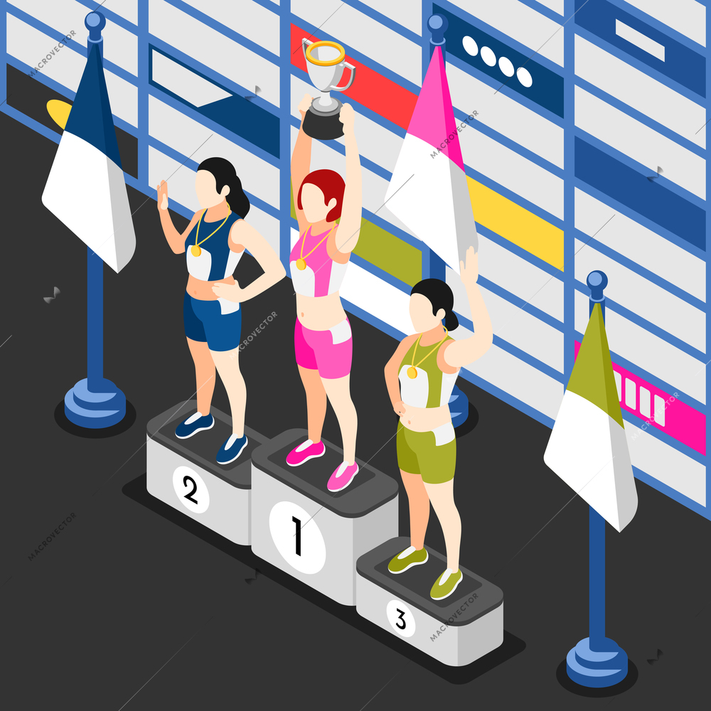 International olympic day isometric background with view of winners podium with female athletes holding cup awards vector illustration