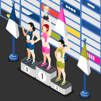 International olympic day isometric background with view of winners podium with female athletes holding cup awards vector illustration