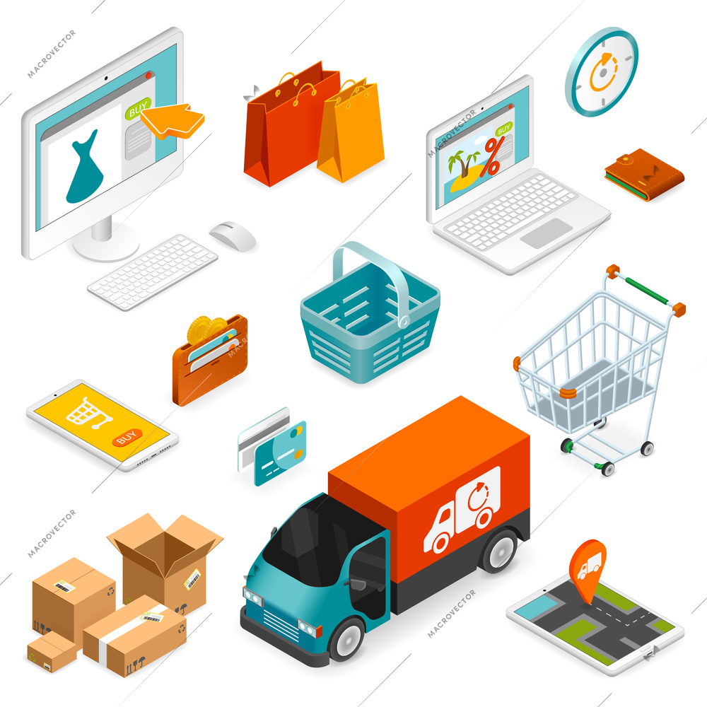 E-commerce mobile shopping isometric set with isolated icons of goods delivery truck and electronic gadgets vector illustration