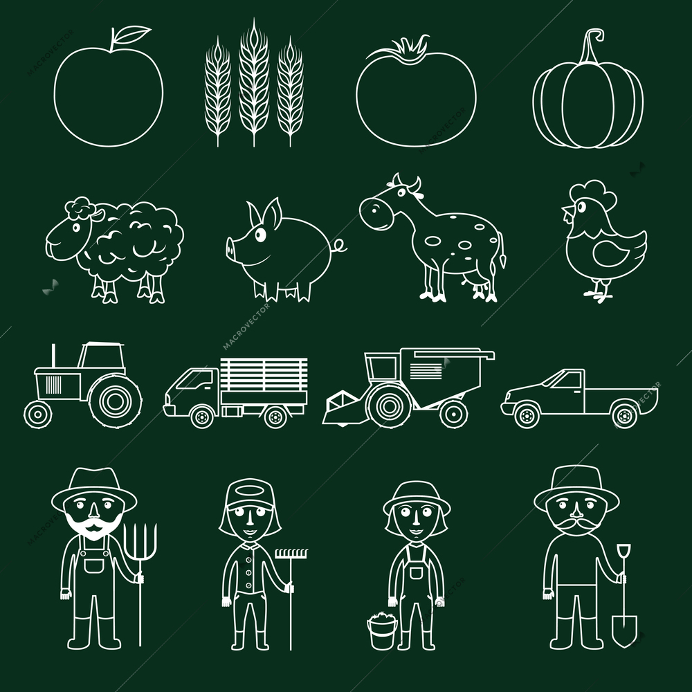 Farm agriculture farmer avatar outline business icons set isolated vector illustration