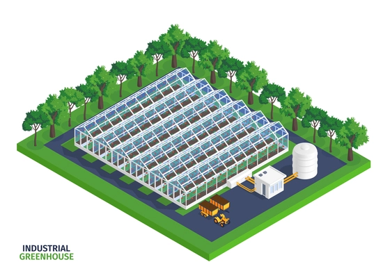 Isometric greenhouse composition with industrial greenhouse headline and large number of beds inside vector illustration