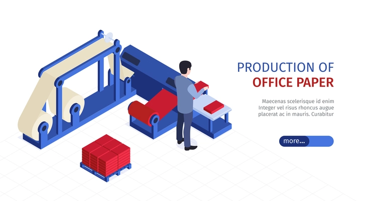 Isometric paper production horizontal banner with image of human operated conveyor reel with button and text vector illustration
