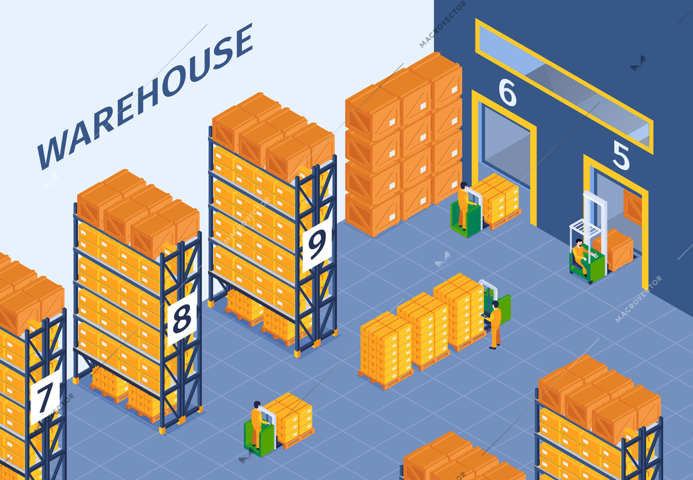 Isometric logistic horizontal composition with indoor view of warehouse building with stacks of boxes and workers vector illustration