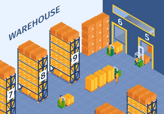 Isometric logistic horizontal composition with indoor view of warehouse building with stacks of boxes and workers vector illustration