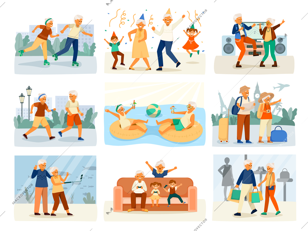 Elderly people happy life cartoon isolated icon set with birthday parties roller skating walks in the park playing console games with the grandkids and other activities vector illustration