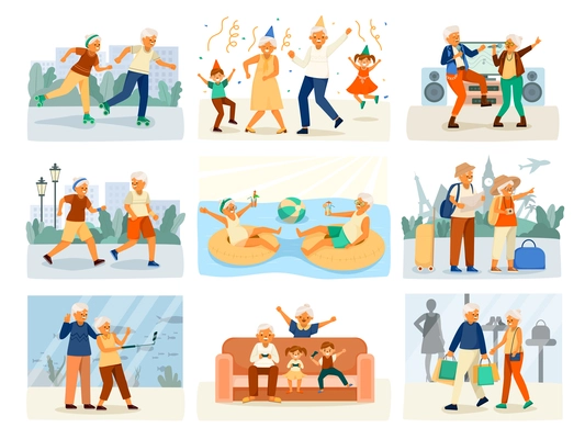 Elderly people happy life cartoon isolated icon set with birthday parties roller skating walks in the park playing console games with the grandkids and other activities vector illustration