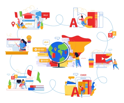 Online language school flat infographics with location markers on globe icon in center and learning people around vector illustration