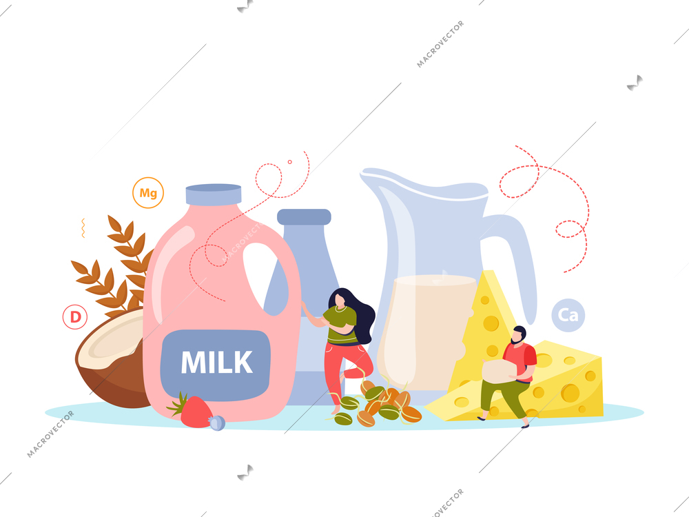 Milk usage flat colored composition with natural organic fresh beverage poured into jug and bottles vector illustration