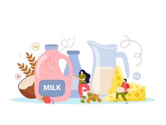 Milk usage flat colored composition with natural organic fresh beverage poured into jug and bottles vector illustration