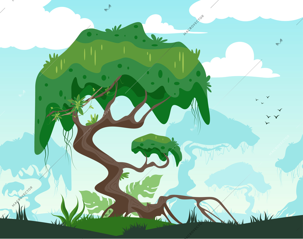 Lonely majestic tropical tree landscape and jungle plants on the background flat vector illustration