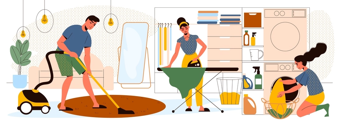 Flat cleaning with man vacuuming carpet and women ironing and doing laundry vector illustration