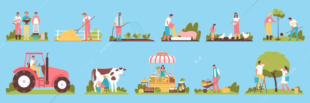 Flat set with farmers harvesting feeding animals planting trees working in garden selling eco products isolated on color background vector illustration