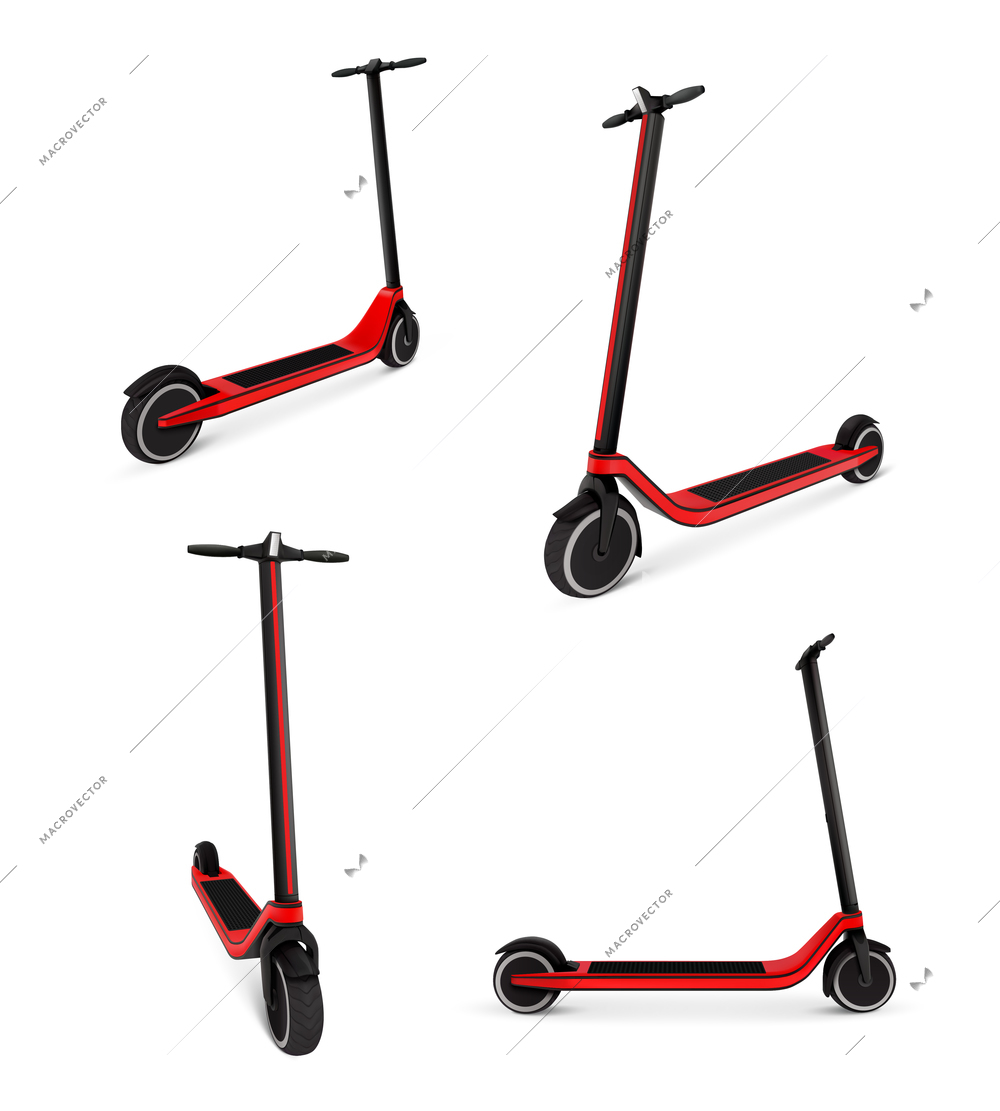 Electric kick scooter taken from different angles realistic colored set on white background isolated vector illustration