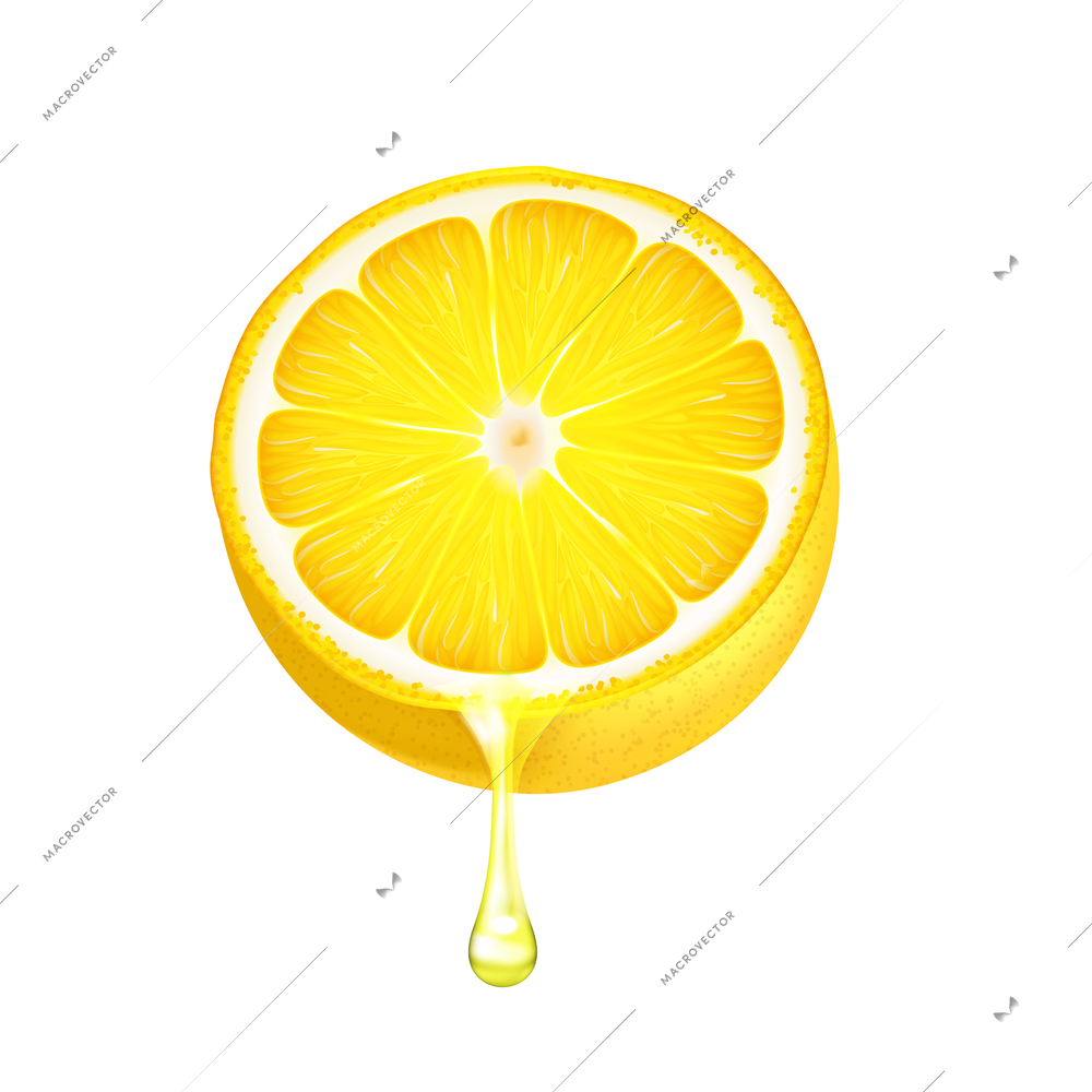Half a ripe juicy lemon with juice drop realistic closeup isolated image on white background vector illustration