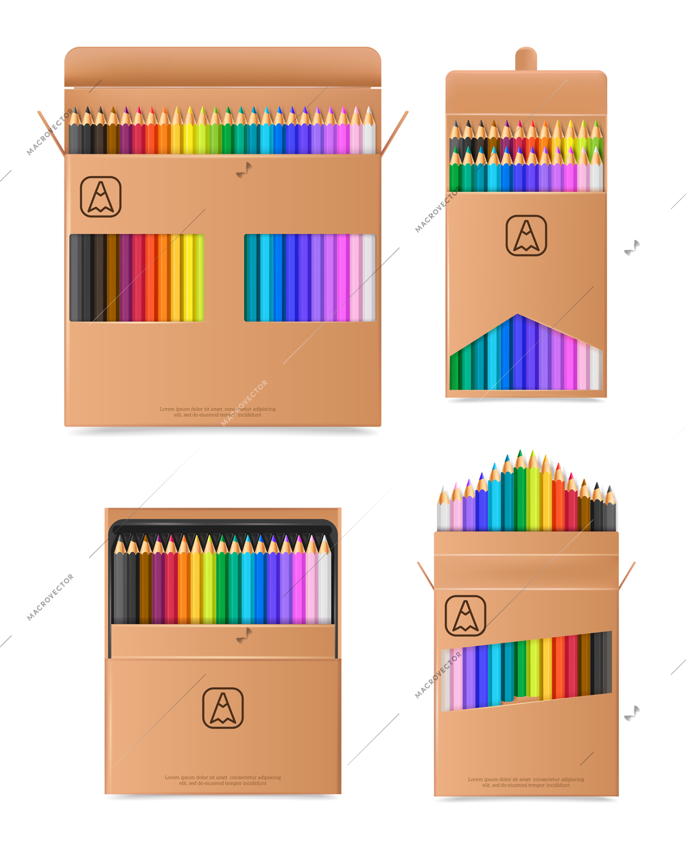 Colored bright pencils realistic set with painting symbols isolated vector illustration