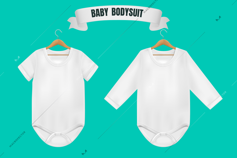 Two white short and long sleeved baby bodysuits on hangers isolated on colored background realistic vector illustration