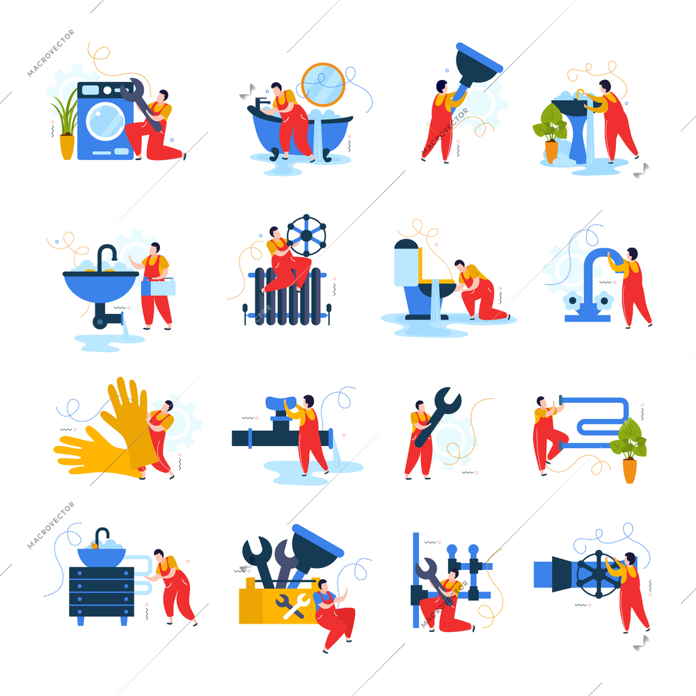 Plumber flat icons set with water supply repair tools and male characters isolated vector illustration