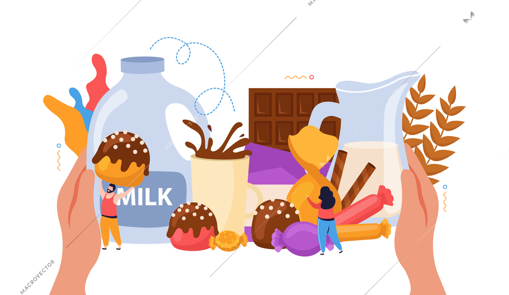 World chocolate day composition in flat style with human hands holding sweets bar cup jar and bottle of milk vector illustration