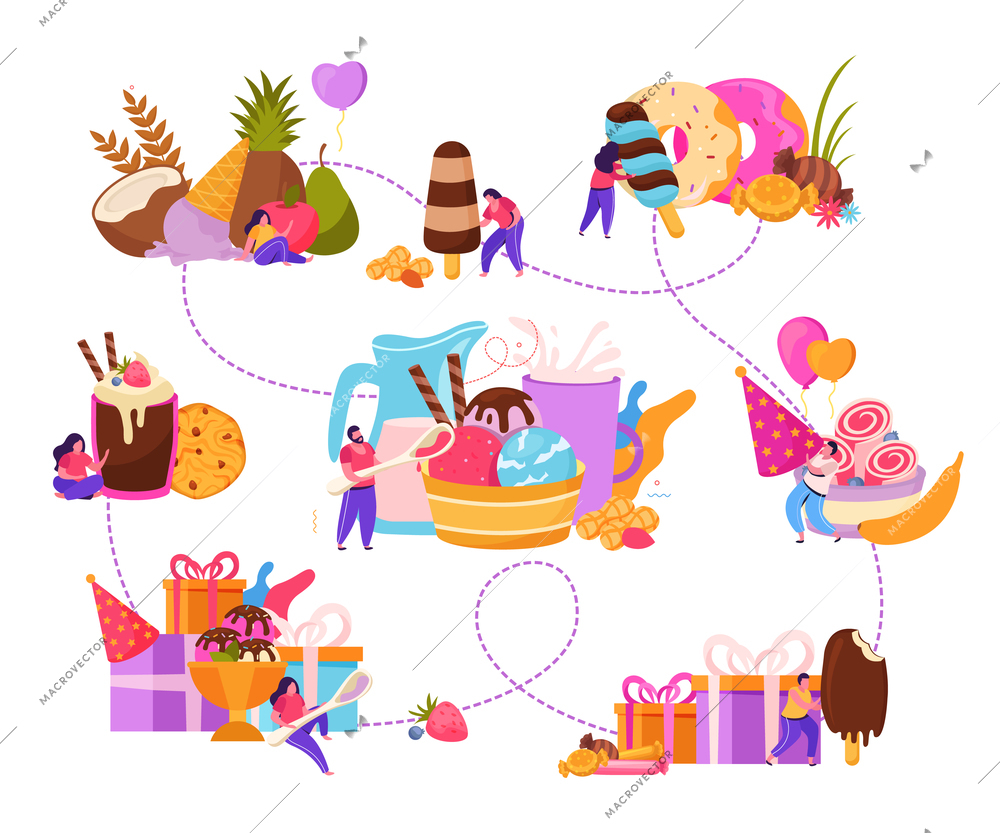 Ice cream flat composition with colorful delicious desserts drinks and human characters vector illustration