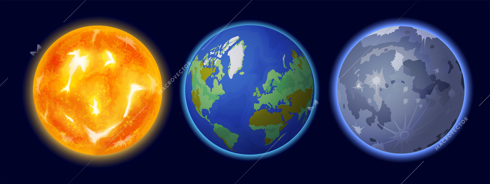 Space planet realistic set with Earth and sun and moon isolated vector illustration