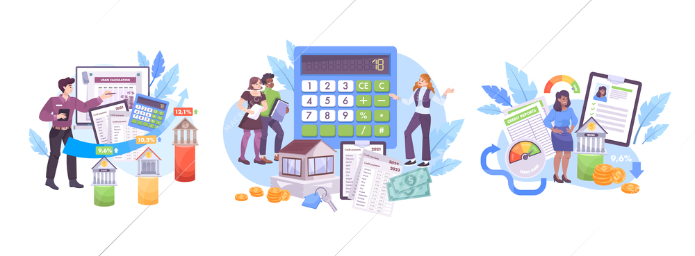 Bank credit lending services concept 3 flat compositions with instant interest rate loan calculator app vector illustration