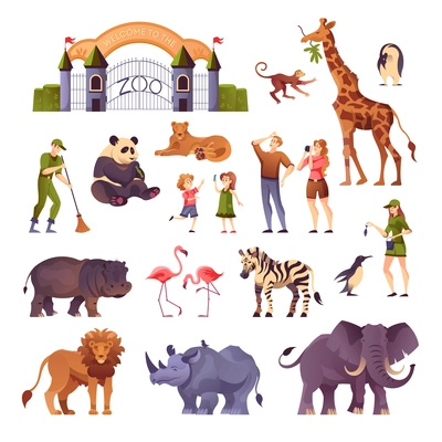 Animals visitors and workers of the zoo in one set flat vector illustration