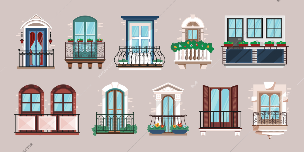 Horizontal set of single and double balconies of classical architecture flat vector illustration