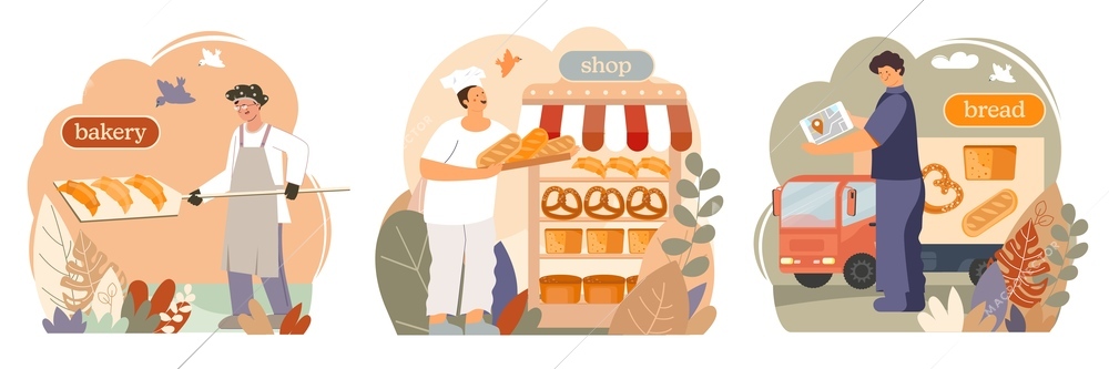 Composition explaining how bread from the bakery gets to our table flat isolated vector illustration