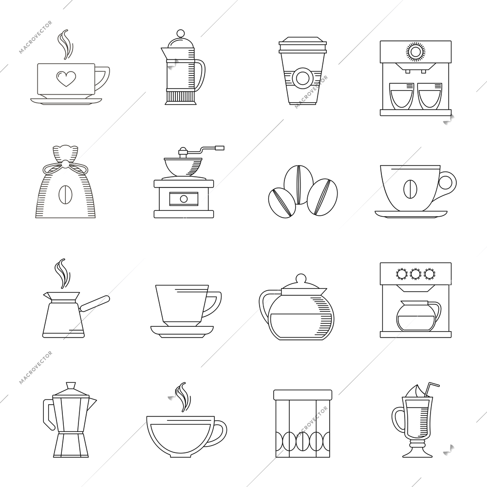 Coffee outline icons set with turk pouch jar isolated vector illustration