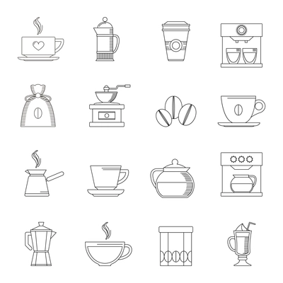 Coffee outline icons set with turk pouch jar isolated vector illustration