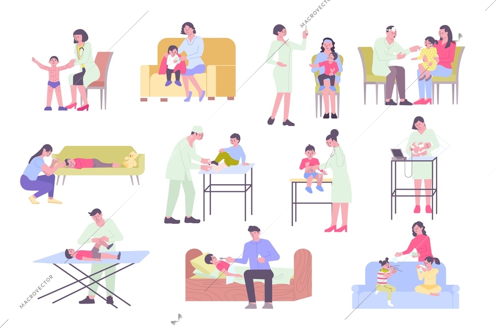 Pediatrics flat set with doctors examining ill kids and parents treating them isolated vector illustration