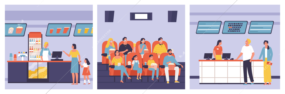 Cinema compositions with visitors taking beverage drinks sitting in auditorium buying tickets vector illustration