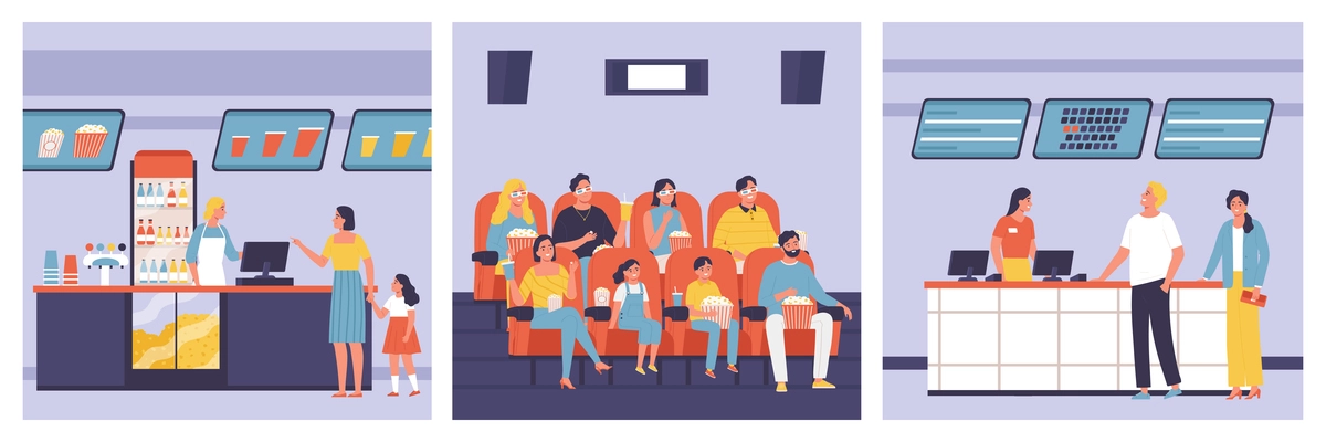 Cinema compositions with visitors taking beverage drinks sitting in auditorium buying tickets vector illustration