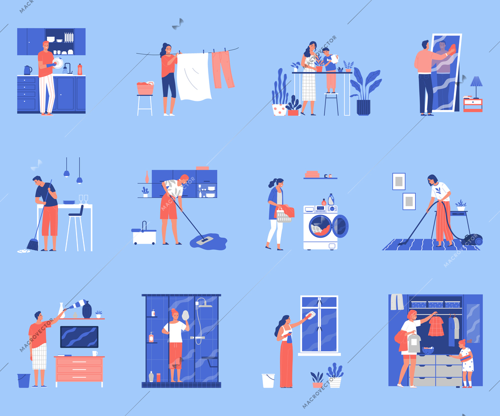 Set of compositions with people who cleaning up their apartments vector illustration