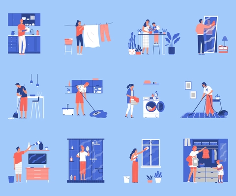 Set of compositions with people who cleaning up their apartments vector illustration