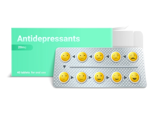 Face pills tablets blister realistic composition package of antidepressants and all pills with smiley faces step by step improving mood vector illustration