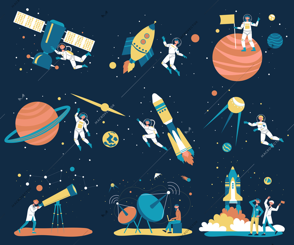 Astronomy space people background icon set astronauts and astronomers do their jobs fixing space stations conquering planets searching and exploring constellations vector illustration
